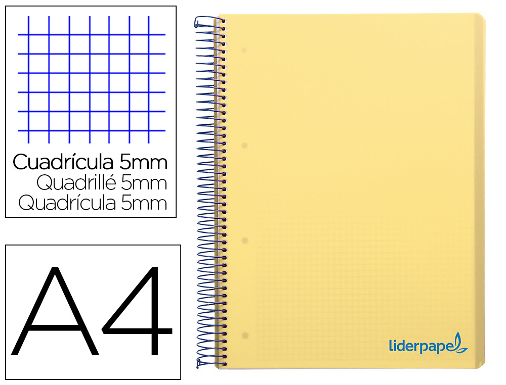 CUADERNO ESPIRAL LIDERPAPEL A4 MICRO WONDER TAPA PLASTICO 120H 90GR CUADRO 5MM 5 BANDA 4 TALADROS COLOR AMARILLO