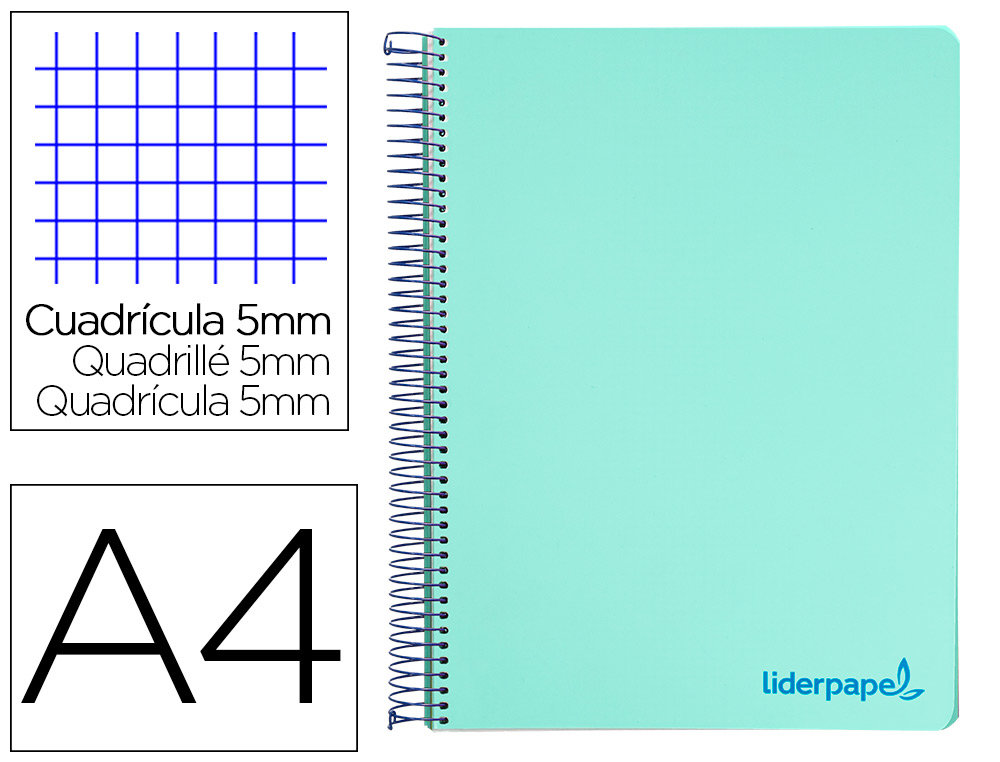 CUADERNO ESPIRAL LIDERPAPEL A4 MICRO WONDER TAPA PLASTICO 120H 90GR CUADRO 5MM 5 BANDA 4 TALADRO COLOR VERDE TURQUESA