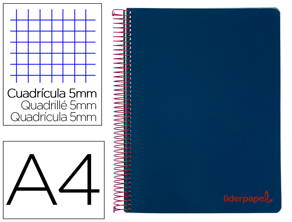 CUADERNO ESPIRAL LIDERPAPEL A4 MICRO WONDER TAPA PLASTICO 120H 90GR CUADRO 5MM 5 BANDA 4 TALADROS COLOR AZUL MARINO