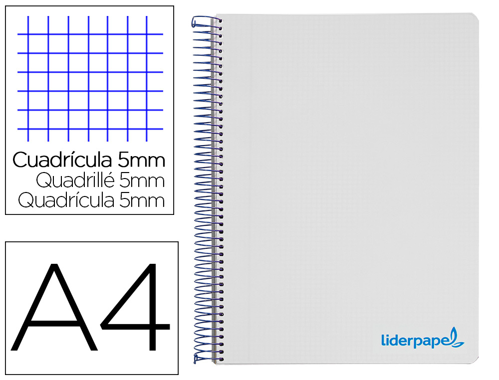 CUADERNO ESPIRAL LIDERPAPEL A4 MICRO WONDER TAPA PLASTICO 120H 90GR CUADRO 5MM 5 BANDAS 4 TALADROS COLOR GRIS