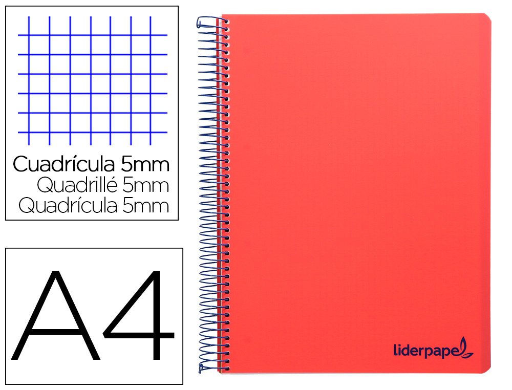 CUADERNO ESPIRAL LIDERPAPEL A4 MICRO WONDER TAPA PLASTICO 120H 90GR CUADRO 5MM 5 BANDAS 4 TALADROS COLOR ROJO