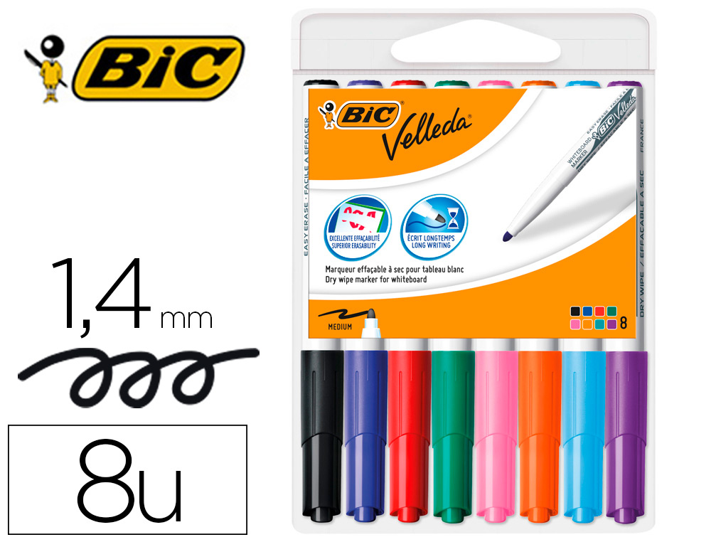 ROTULADOR BIC VELLEDA PARA PIZARRA PUNTA REDONDA 2 MM BOLSA DE 8 UNIDADES COLORES SURTIDOS