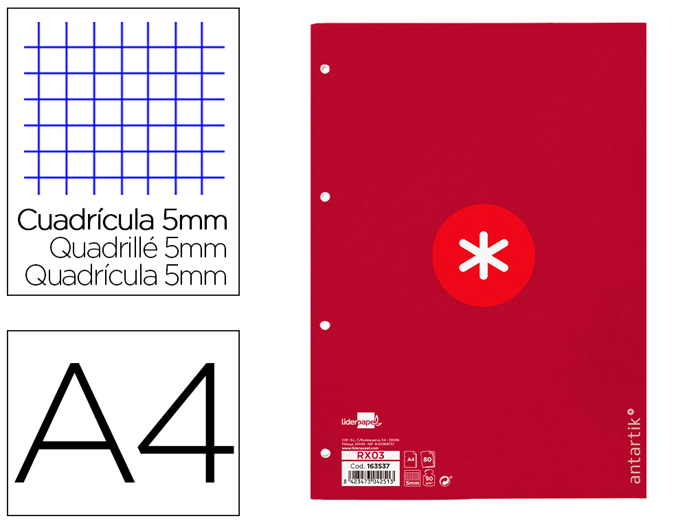 RECAMBIO ANTARTIK A4 80 HOJAS 90GR CUADRO 5 MM 4 TALADROS 1 BANDA MARCO COLOR FRAMBUESA