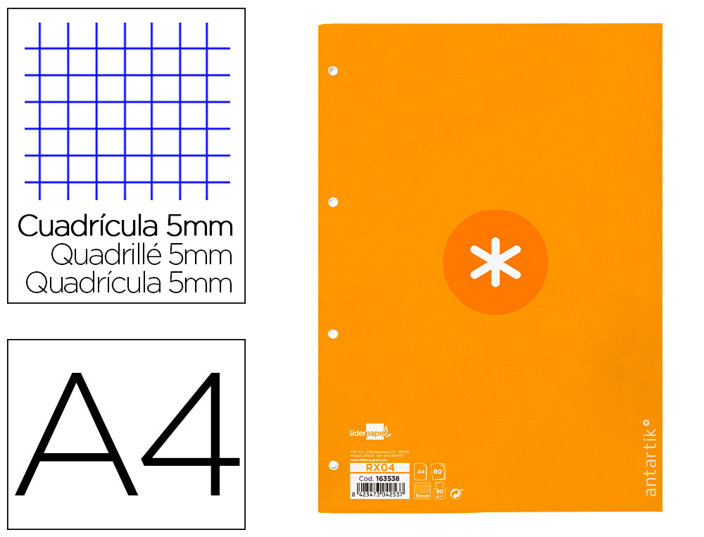 RECAMBIO ANTARTIK A4 80 HOJAS 90GR CUADRO 5 MM 4 TALADROS 1 BANDA MARCO COLOR MOSTAZA