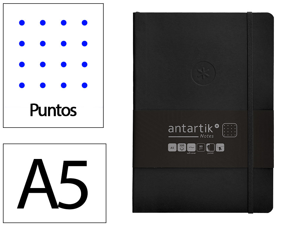 CUADERNO CON GOMILLA ANTARTIK NOTES TAPA BLANDA A5 HOJAS PUNTOS NEGRO 80 HOJAS 80 GR FSC