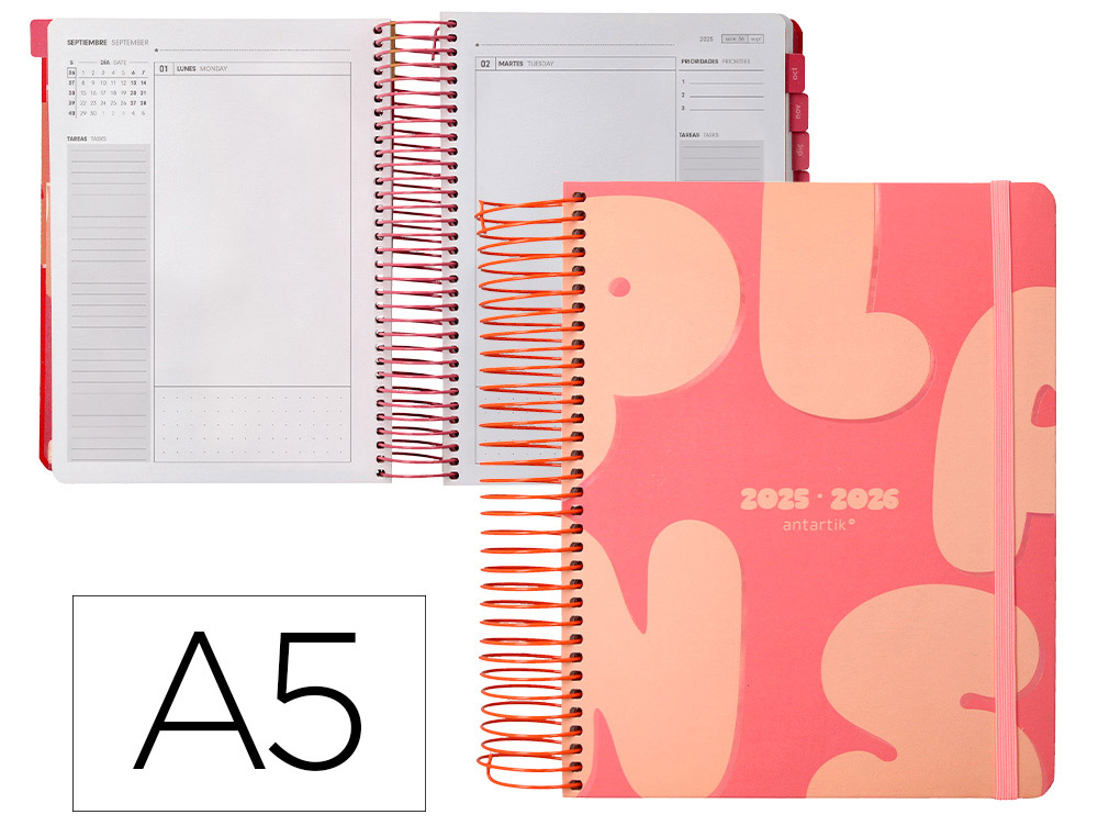 AGENDA ESCOLAR ANTARTIK 25-26 ESPIRAL PLANS NARANJA DIA PAGINA A5 BILINGÜE PAPEL FSC 80 GR