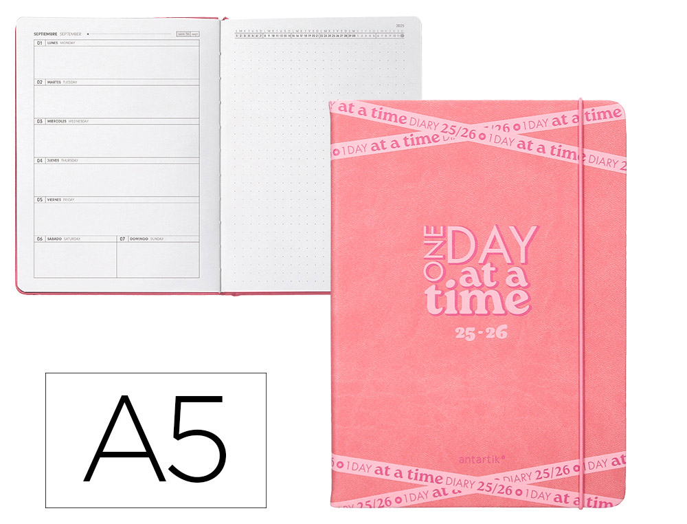 AGENDA ESCOLAR ANTARTIK 25-26 ENCUADERNADA GO! SIMIL PIEL ROSA SEMANA VISTA A5 BILINGÜE PAPEL FSC 80 GR