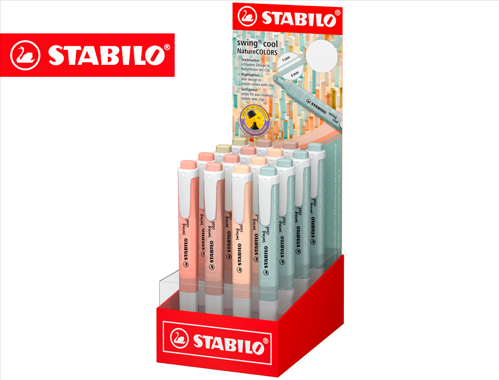 ROTULADOR STABILO FLUORESCENTE FINO SWING COOL NATURE COLORS EXPOSITOR DE 16 UNIDADES COLORES SURTIDOS