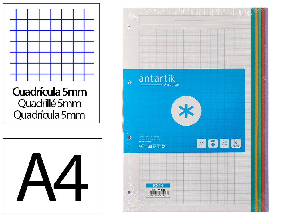 RECAMBIO ANTARTIK A4 80 HOJAS 90GR CUADRO 5 MM 4 TALADROS BANDAS DE 5 COLORES PASTELES