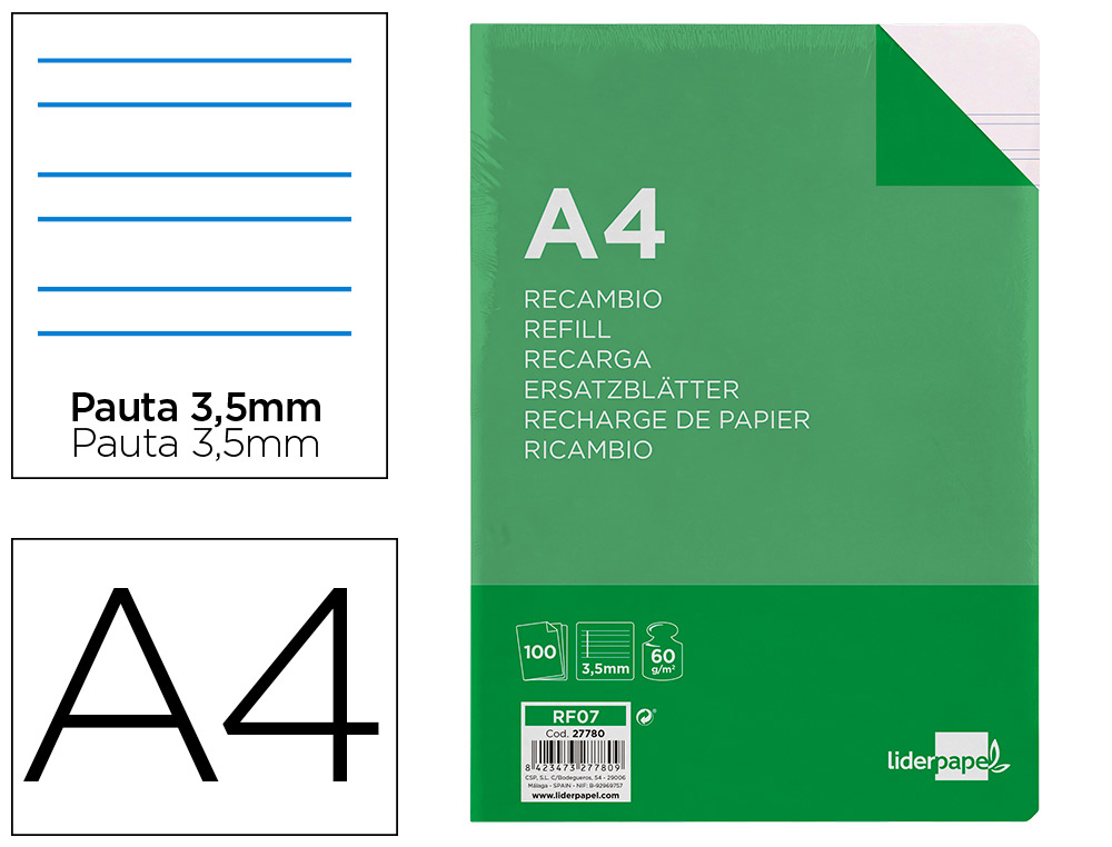 RECAMBIO LIDERPAPEL A4 100 HOJAS 60GR PAUTA 4 3.5MM CON MARGEN 4 TALADROS
