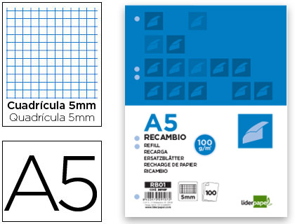 RECAMBIO LIDERPAPEL A5 100 H 100GR CUADRO 5MM CON M ARGEN 6 TALADROS