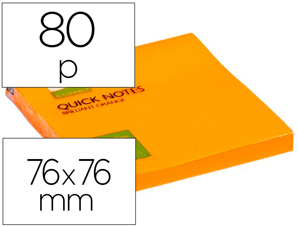 BLOC DE NOTAS ADHESIVAS QUITA Y PON Q-CONNECT 76X76 MM NARANJA NEON 80 HOJAS