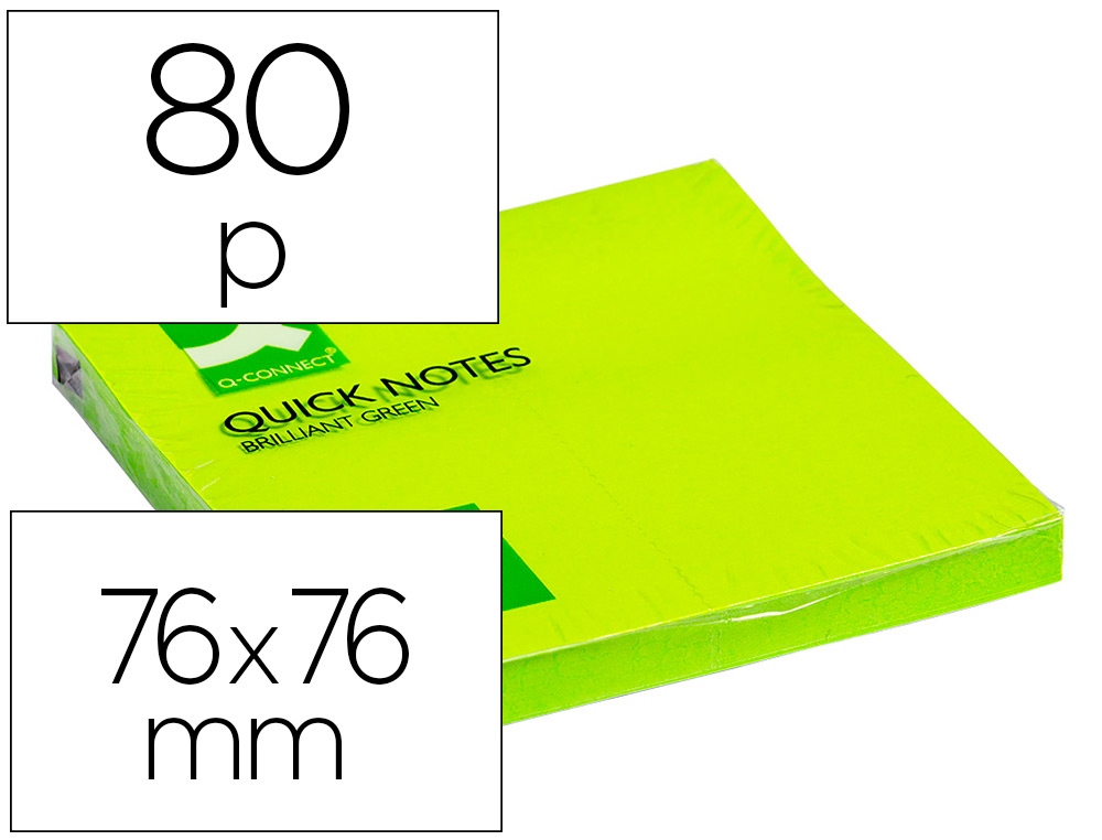 BLOC DE NOTAS ADHESIVAS QUITA Y PON Q-CONNECT 76X76 MM VERDE NEON 80 HOJAS