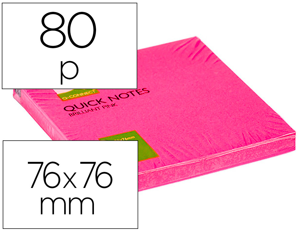 BLOC DE NOTAS ADHESIVAS QUITA Y PON Q-CONNECT 76X76 MM ROSA NEON 80 HOJAS