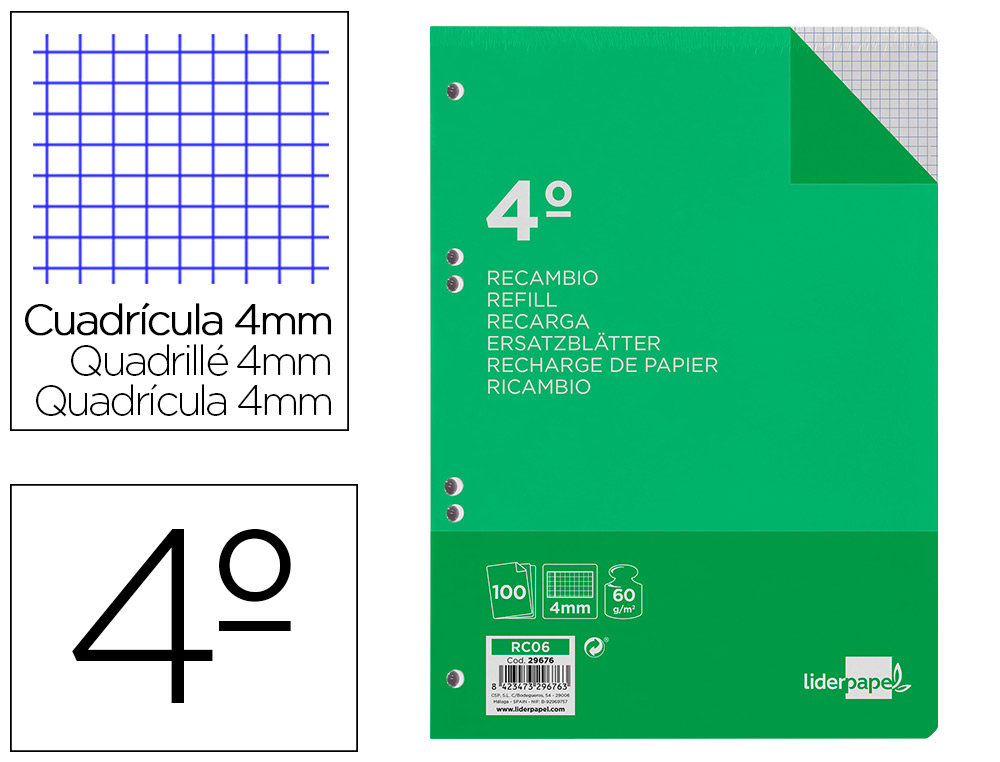 RECAMBIO LIDERPAPEL CUARTO 100 HOJAS 60GR CUADRO 4MM CON MARGEN 6 TALADROS