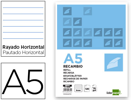 RECAMBIO LIDERPAPEL A5 120 HOJAS 80GR HORIZONTAL SIN MA RGEN 6 TALADROS BANDAS DE 5 COLORES