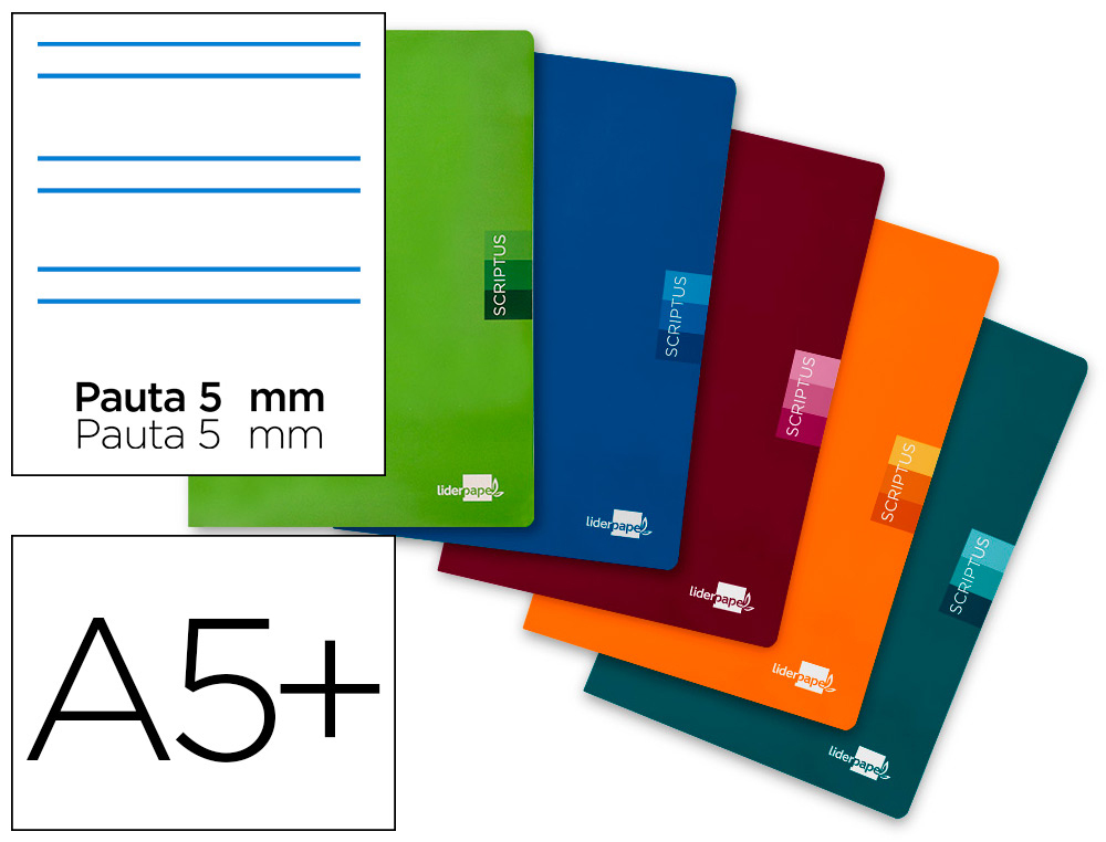 LIBRETA LIDERPAPEL SCRIPTUS A5+ PLUS 48 HOJAS 90GR RAYADO MONTESSORI 5MM CON MARGEN COLORES SURTIDOS