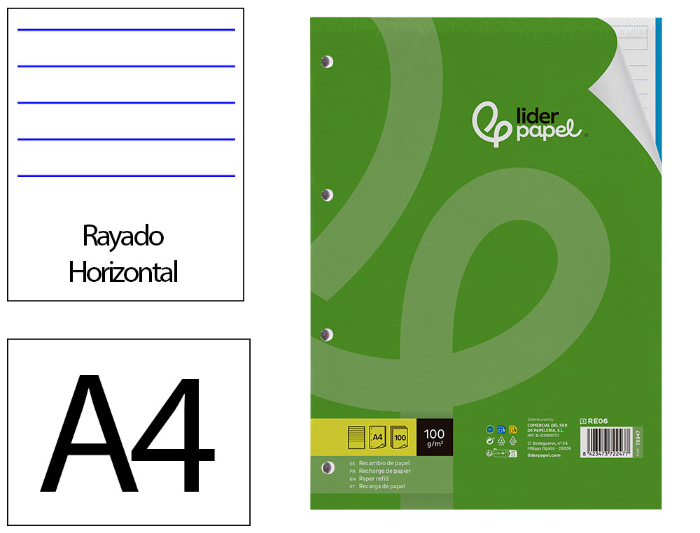 RECAMBIO LIDERPAPEL A4 100 HOJAS 100GR RAYADO HORIZONTAL 4 TALADROS BANDAS DE 5 COLORES