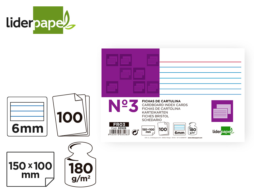 FICHA LIDERPAPEL RAYADA Nº3 100X150 MM 180GR PAQUETE DE 100 UNIDADES