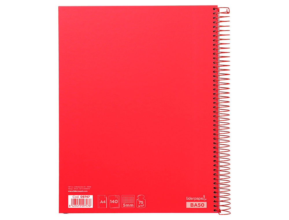 CUADERNO ESPIRAL LIDERPAPEL A4 MICRO JOLLY TAPA FORRADA 140H 75GR CUADRO 5MM 5 BANDAS 4 TALADROS COLOR ROJO