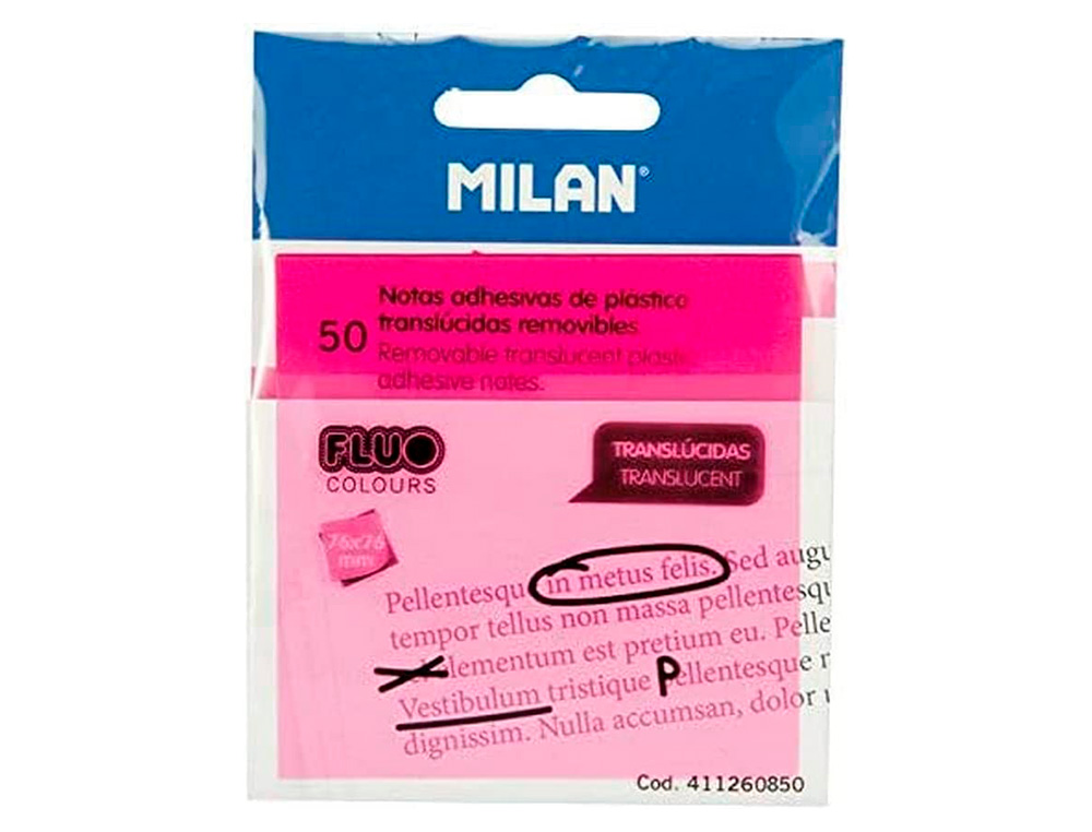 BLOC DE NOTAS ADHESIVAS QUITA Y PON MILAN 76X76 MM REMOVIBLE PLASTICO TRANSLUCIDO ROSA FLUOR 50 HOJAS