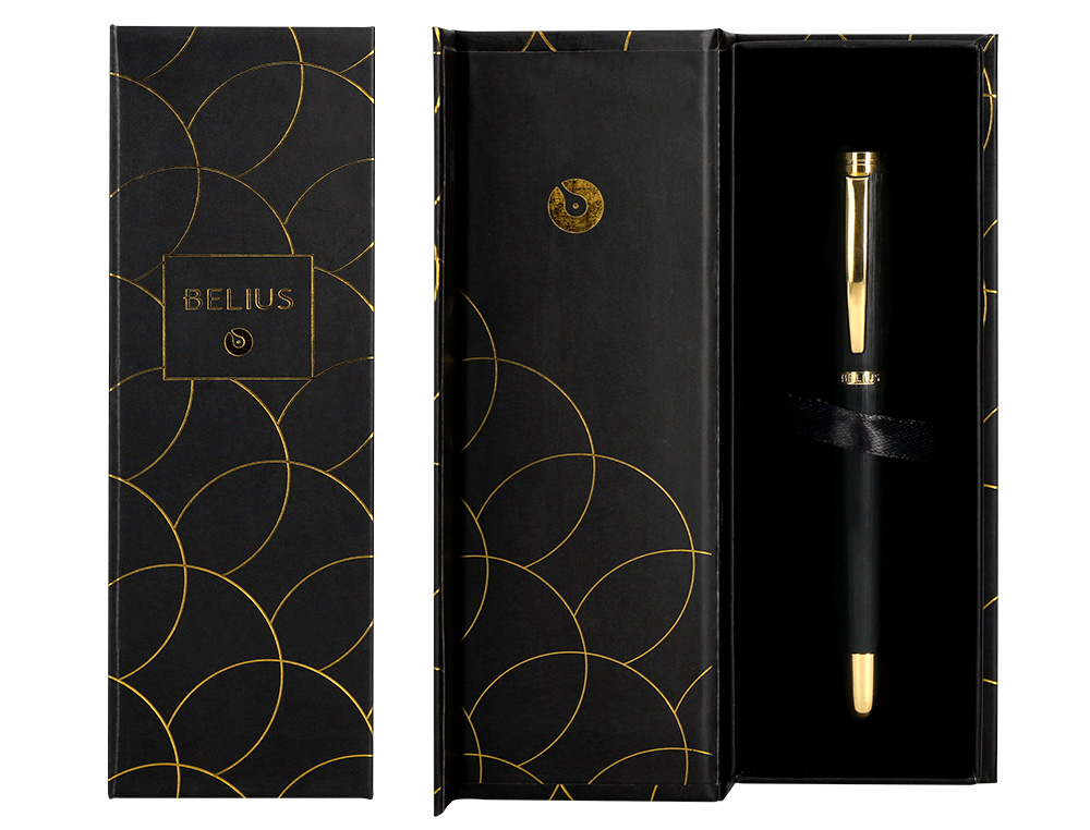 PLUMA BELIUS PASSION DOR ALUMINIO TEXTURA CEPILLADA COLOR NEGRO Y DORADO TINTA AZUL CAJA DE DISEO