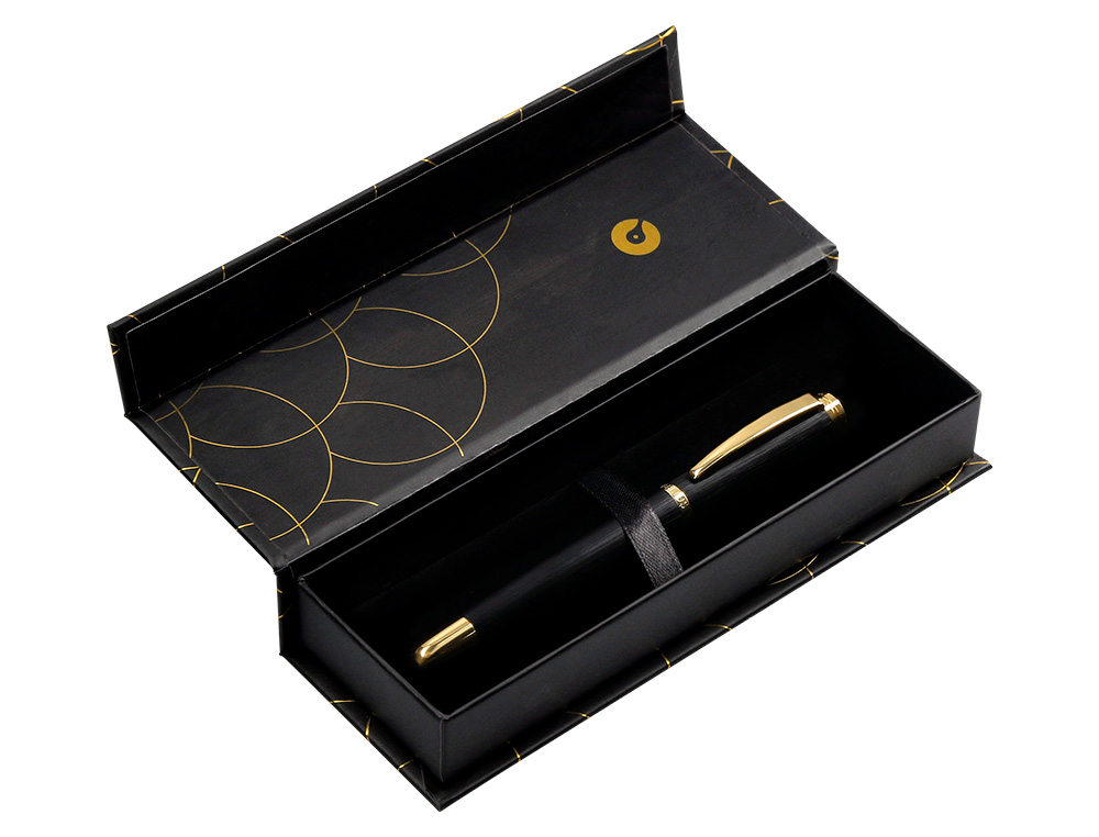PLUMA BELIUS PASSION DOR ALUMINIO TEXTURA CEPILLADA COLOR NEGRO Y DORADO TINTA AZUL CAJA DE DISEO