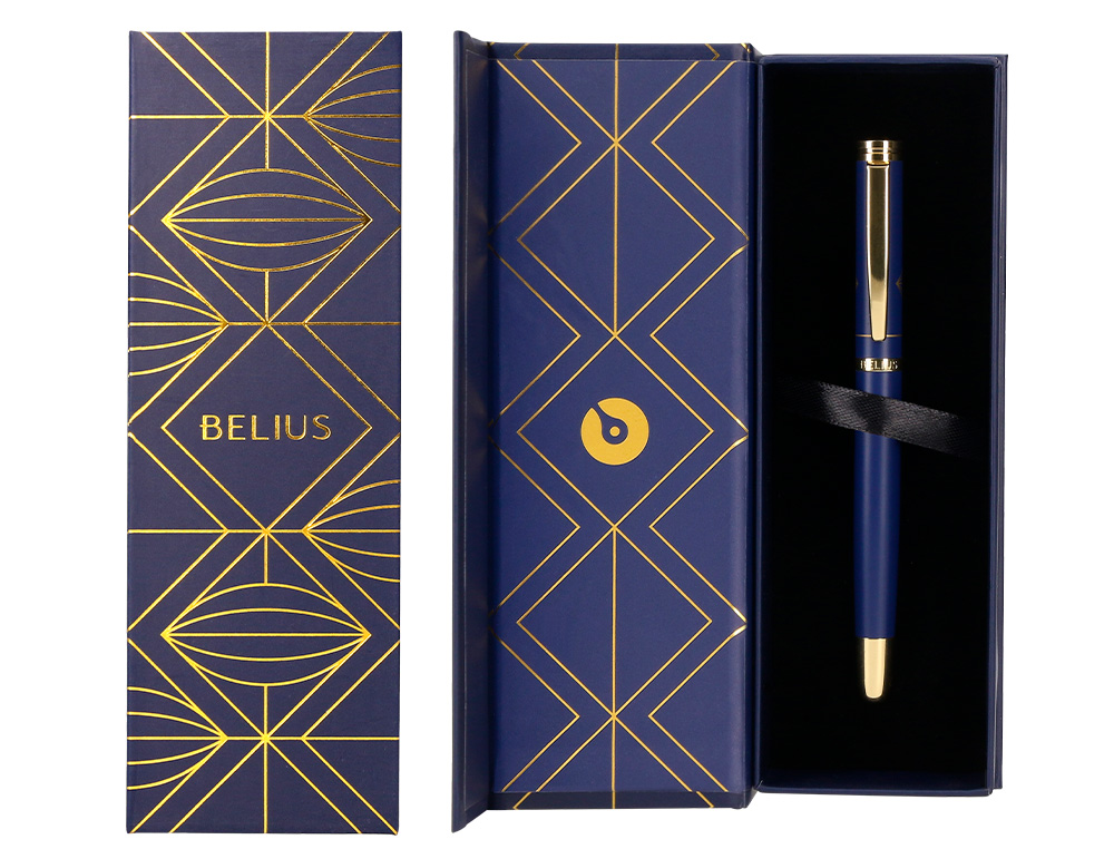 BOLIGRAFO BELIUS SOIREE ALUMINIO COLOR AZUL MARINO Y DORADO TINTA AZUL CAJA DE DISEO