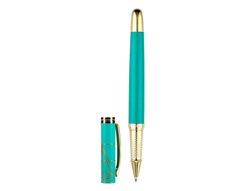 BOLIGRAFO Y ESTUCHE BELIUS SOIREE COLOR ART DECO TURQUESA Y DORADO TINTA AZUL CAJA DE DISEÑO