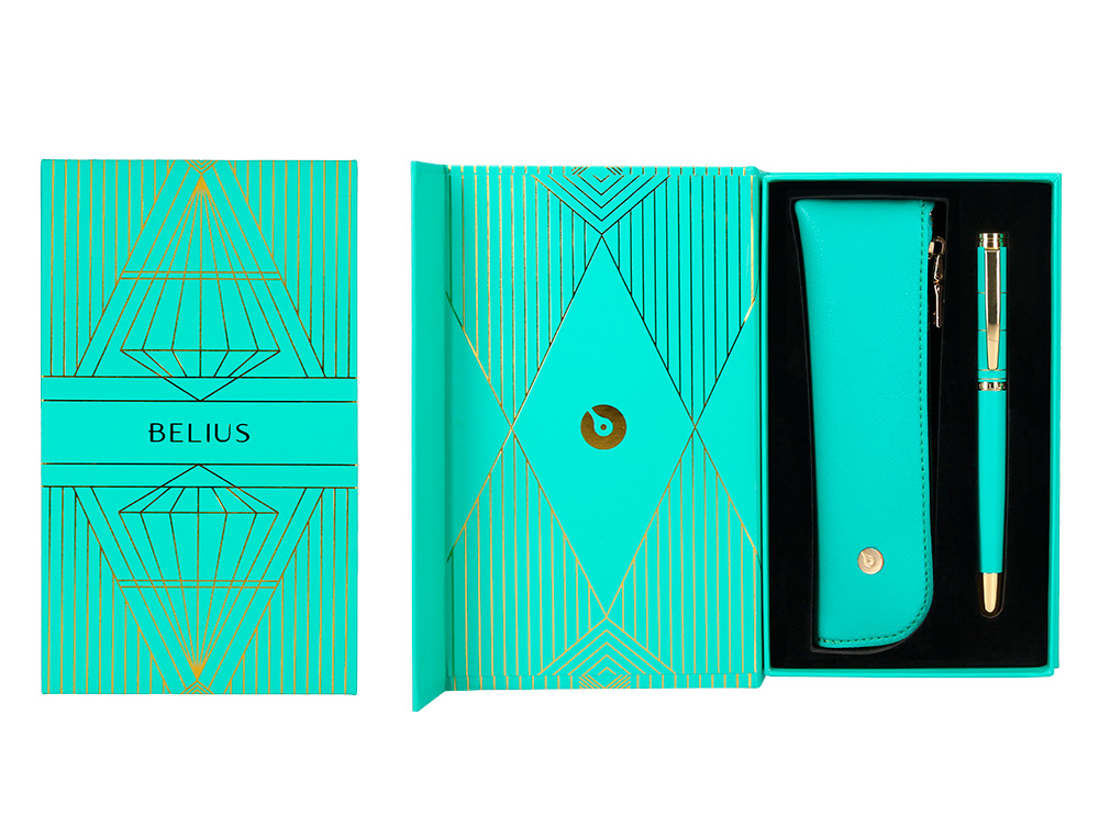 BOLIGRAFO Y ESTUCHE BELIUS SOIREE COLOR ART DECO TURQUESA Y DORADO TINTA AZUL CAJA DE DISEO