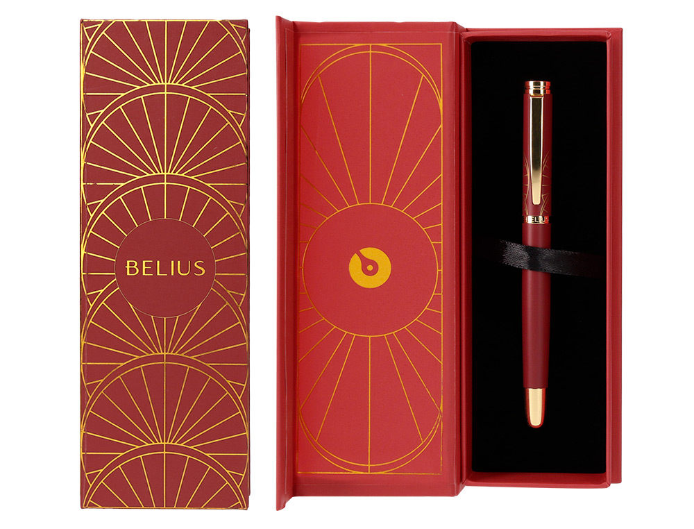 BOLIGRAFO BELIUS SOIREE ALUMINIO COLOR ART DECO GRANATE Y DORADO TINTA AZUL CAJA DE DISEÑO