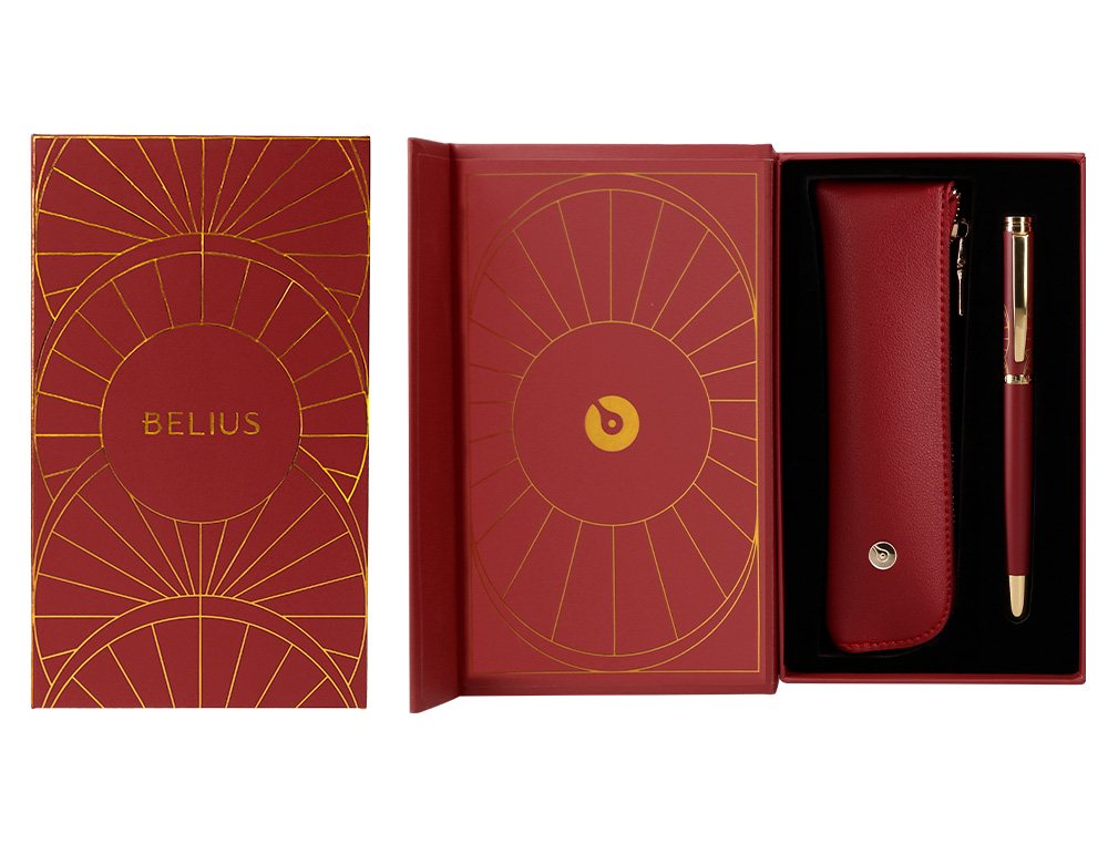 BOLIGRAFO Y ESTUCHE BELIUS SOIREE COLOR ART DECO GRANATE Y DORADO TINTA AZUL CAJA DE DISEÑO