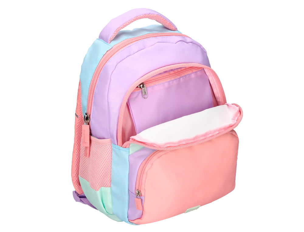 MOCHILA ESCOLAR LIDERPAPEL MULTIBOLSILLO INFANTIL AZUL ROSA MORADO 350X110X270 MM