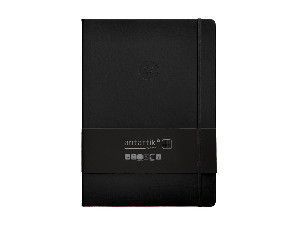 CUADERNO CON GOMILLA ANTARTIK NOTES TAPA DURA A4 HOJAS CUADRICULA NEGRO 100 HOJAS 80 GR FSC