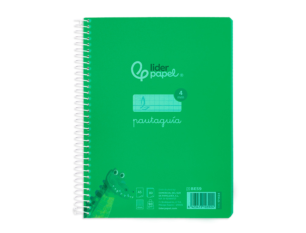 CUADERNO ESPIRAL LIDERPAPEL A5 PAUTAGUIA TAPA PLASTICO 80H 90GR CUADRO PAUTADO 4MM CON MARGEN COLOR VERDE