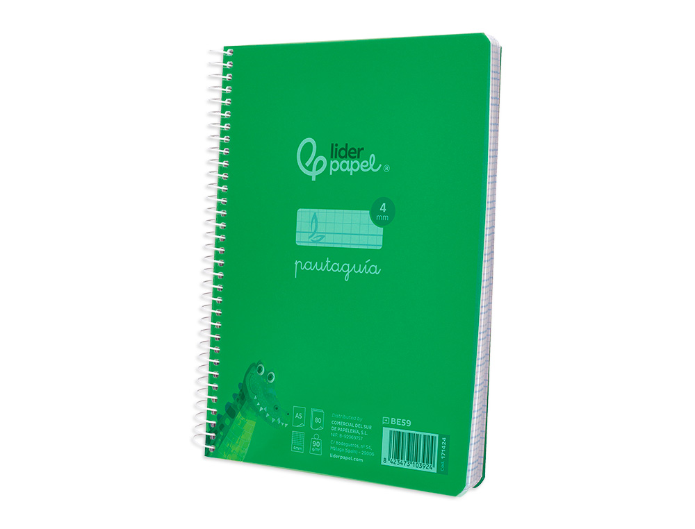 CUADERNO ESPIRAL LIDERPAPEL A5 PAUTAGUIA TAPA PLASTICO 80H 90GR CUADRO PAUTADO 4MM CON MARGEN COLOR VERDE