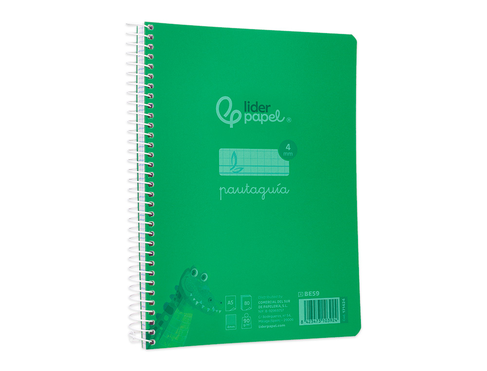 CUADERNO ESPIRAL LIDERPAPEL A5 PAUTAGUIA TAPA PLASTICO 80H 90GR CUADRO PAUTADO 4MM CON MARGEN COLOR VERDE