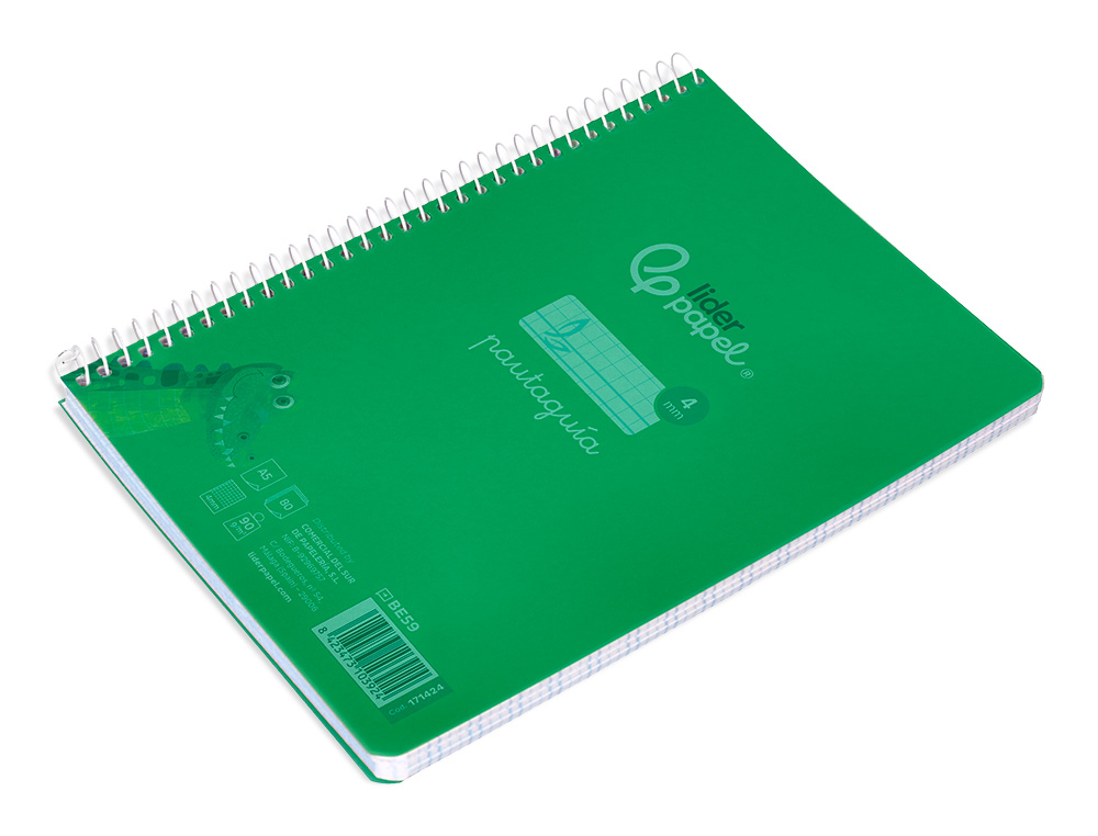 CUADERNO ESPIRAL LIDERPAPEL A5 PAUTAGUIA TAPA PLASTICO 80H 90GR CUADRO PAUTADO 4MM CON MARGEN COLOR VERDE