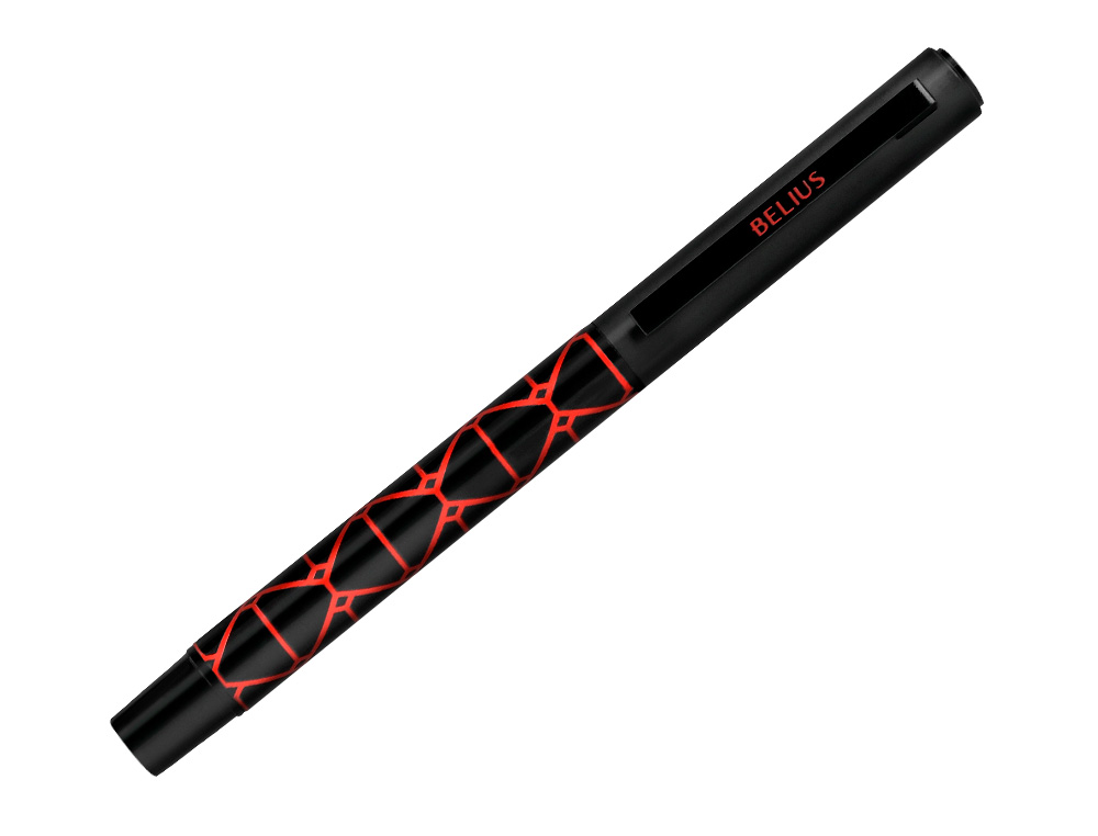 BOLIGRAFO BELIUS LEGACY ALUMINIO DISEÑO TRIANGULO ROJO CUERPO NEGRO TINTA COLOR AZUL CAJA DE DISEÑO