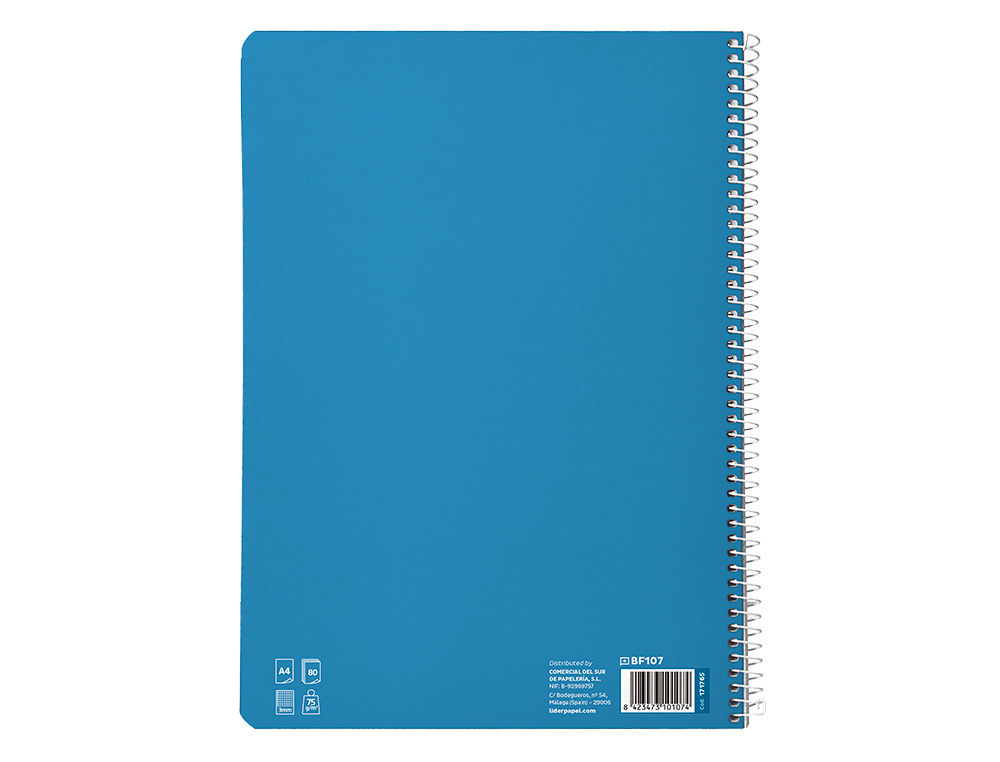 CUADERNO ESPIRAL LIDERPAPEL A4 PAUTAGUIA TAPA BLANDA 80H 75GR CUADRO PAUTADO 3MM COLOR AZUL