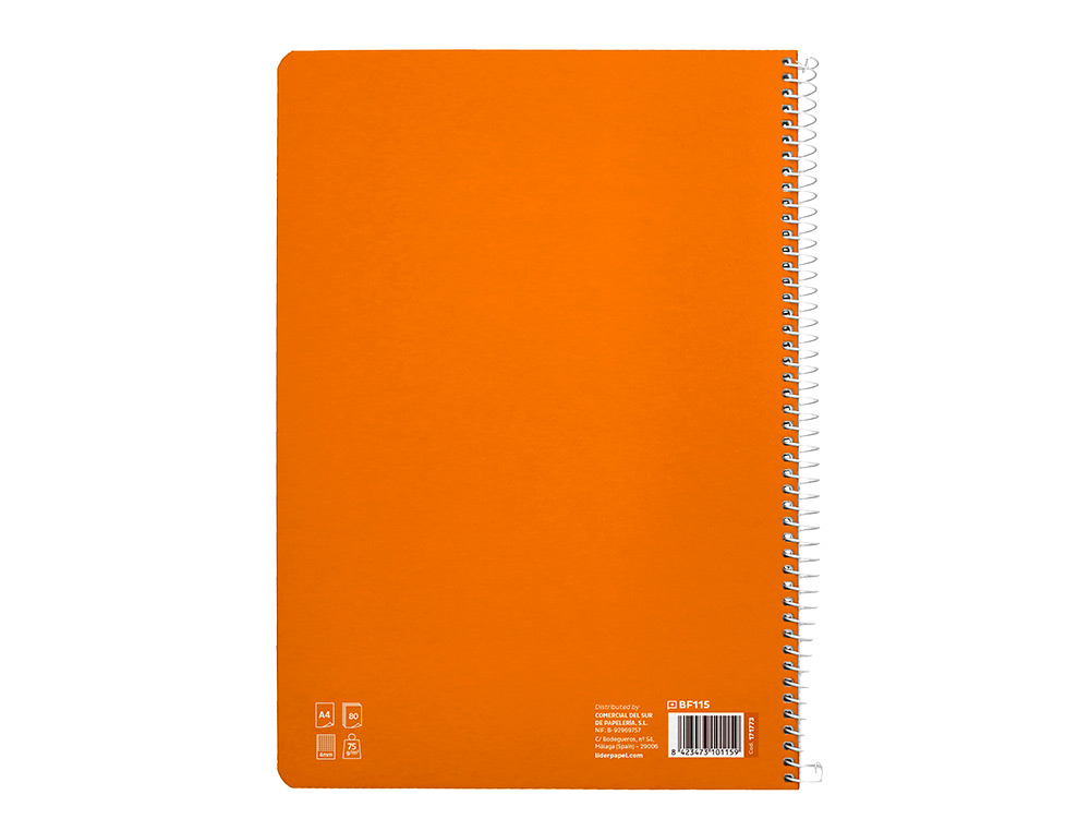 CUADERNO ESPIRAL LIDERPAPEL A4 PAUTAGUIA TAPA BLANDA 80H 75GR CUADRO PAUTADO 4MM COLOR NARANJA