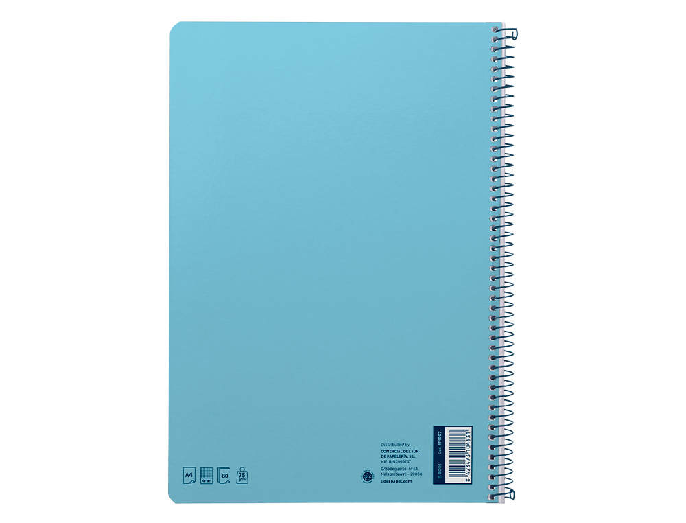 CUADERNO ESPIRAL LIDERPAPEL A4 SMART TAPA BLANDA 80H 75GR CUADRO 4MM CON MARGEN COLOR CELESTE