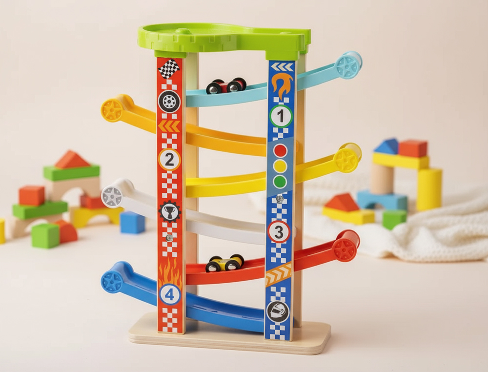 JUEGO INFANTIL IMAGINOVO MADERA TORRE DE DESLIZAMIENTO CON 7 NIVELES INCLUYE 6 COCHES +18 MESES 38X32X14CM