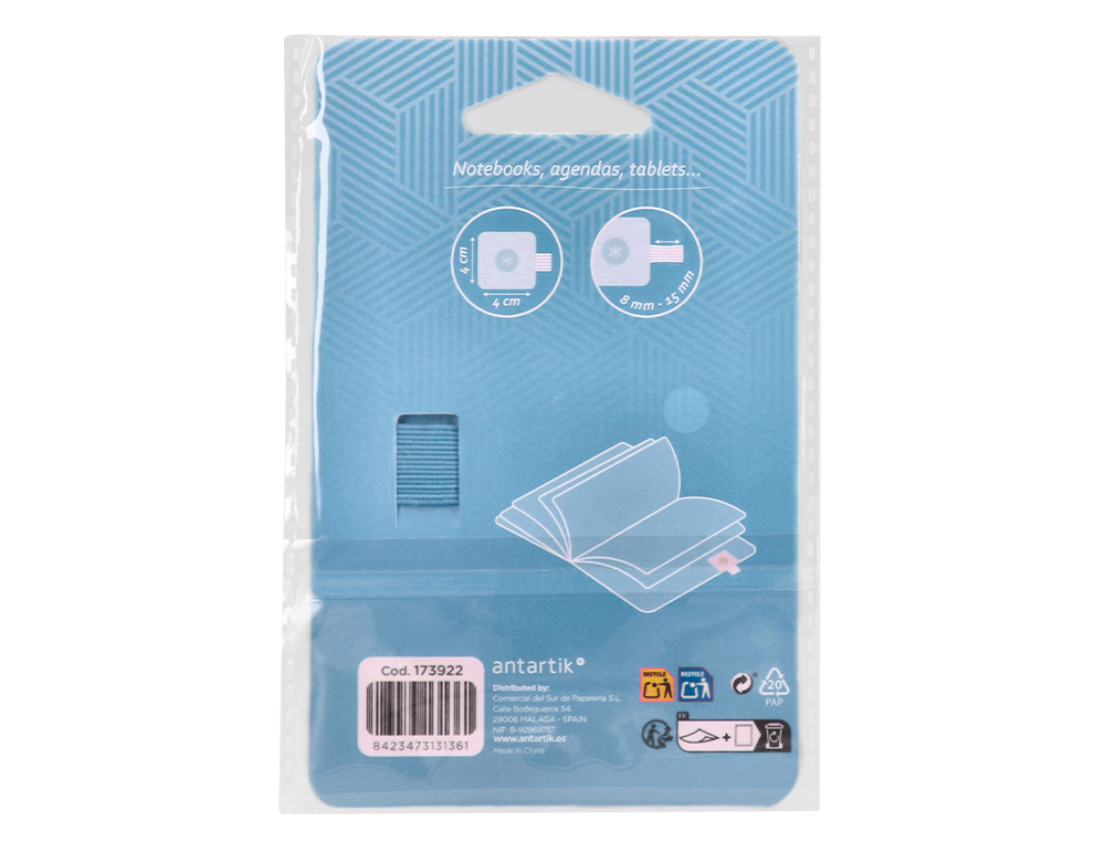 PORTABOLIGRAFO AUTOADHESIVO ANTARTIK PARA CUADERNO NOTE CON ELASTICO HASTA 15 MM GROSOR 1 MM AZUL CLARO 40X40