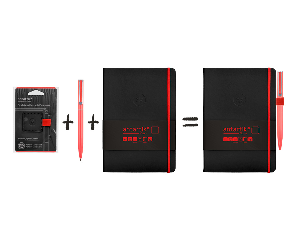 PORTABOLIGRAFO AUTOADHESIVO ANTARTIK PARA CUADERNO NOTE CON ELASTICO HASTA 15 MM GROSOR 1MM NEGRO Y ROJO