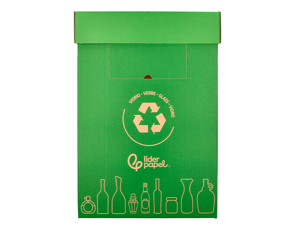 CONTENEDOR PAPELERA RECICLAJE LIDERPAPEL CARTON RECICLADO PARA VIDRIO 450X350X350 MM 70 LITROS VERDE