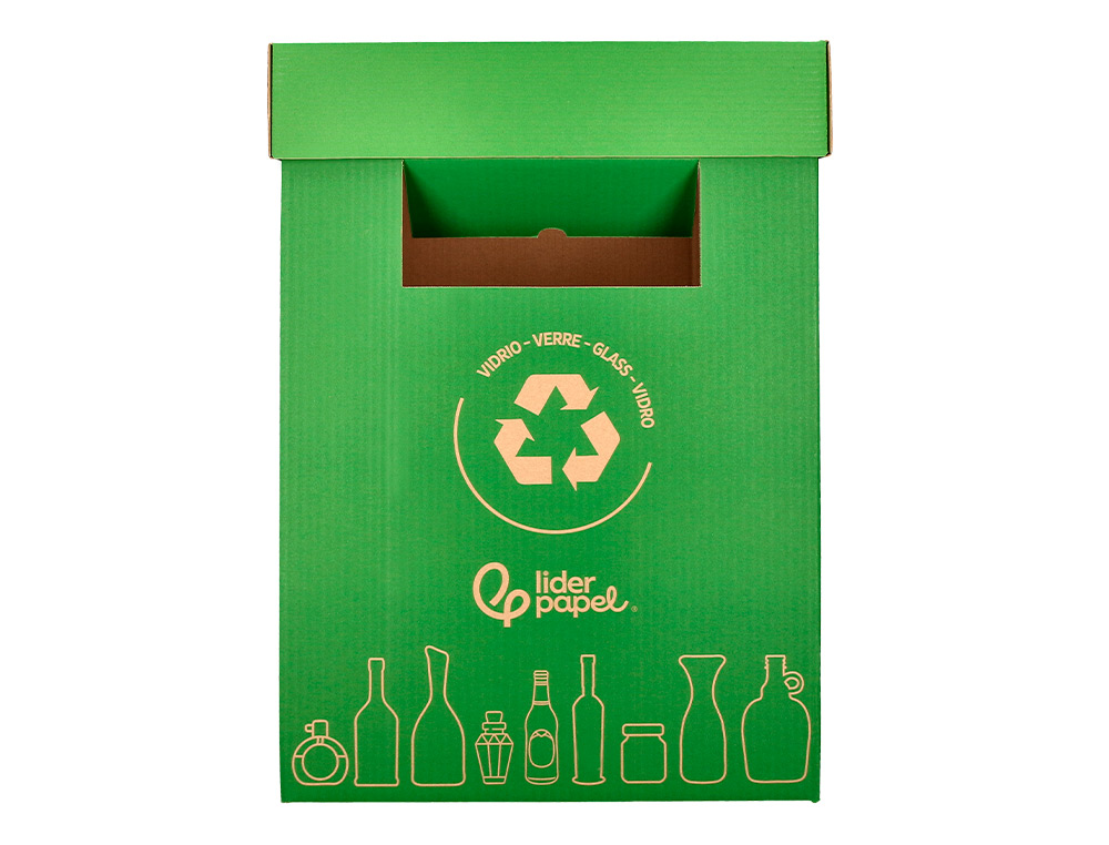 CONTENEDOR PAPELERA RECICLAJE LIDERPAPEL CARTON RECICLADO PARA VIDRIO 450X350X350 MM 70 LITROS VERDE