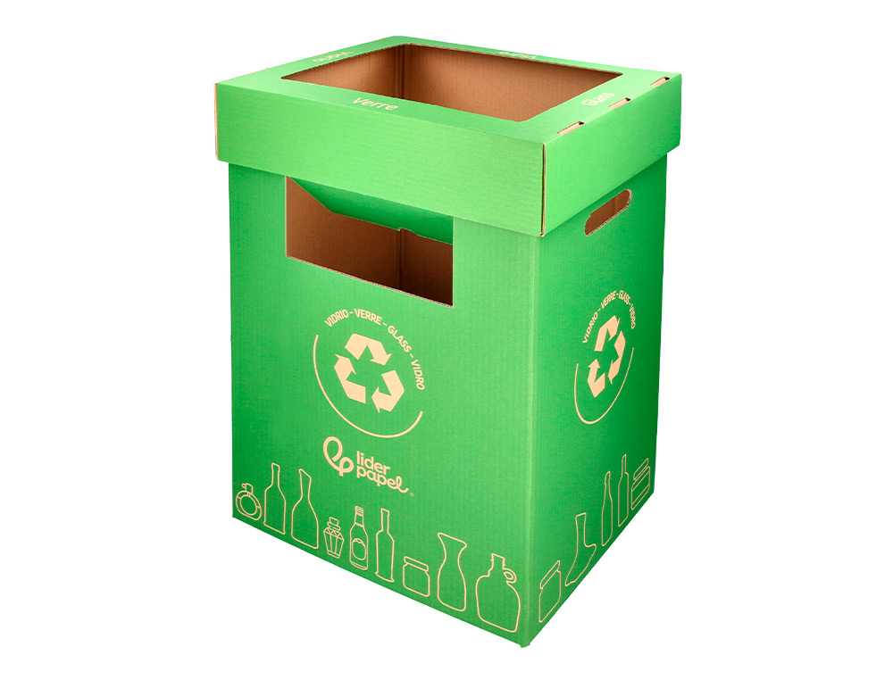 CONTENEDOR PAPELERA RECICLAJE LIDERPAPEL CARTON RECICLADO PARA VIDRIO 450X350X350 MM 70 LITROS VERDE