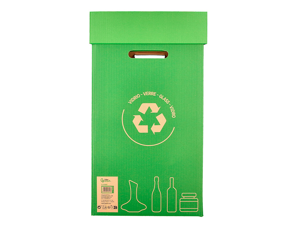 CONTENEDOR PAPELERA RECICLAJE LIDERPAPEL CARTON RECICLADO PARA VIDRIO 450X350X350 MM 70 LITROS VERDE
