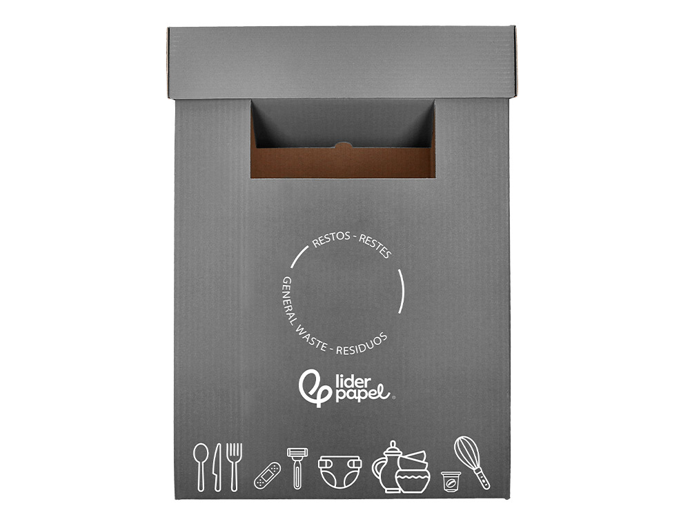 CONTENEDOR PAPELERA RECICLAJE LIDERPAPEL CARTON RECICLADO PARA RESTOS NO RECICLABLES 70 LITROS 450X350X650 MM GRIS
